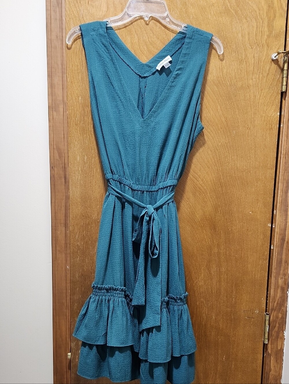 Calvin Klein Green Sleeveless Textured Midi Dress with Tie Waist